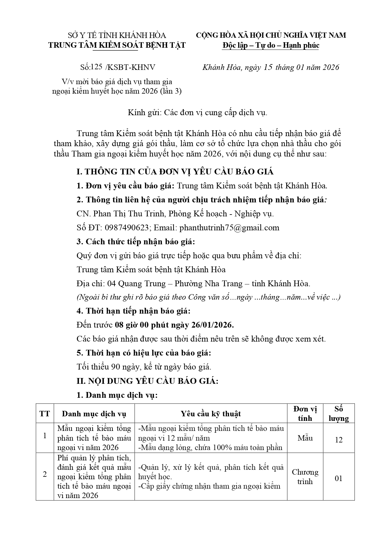 V/v mời báo giá dịch vụ tham gia ngoại kiểm huyết học năm 2026 (lần 3)